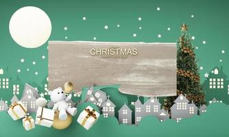 happy new year and merry Christmas winter old town street. Full moon and surrounded by clouds christmas tree and a golden gift box with polar bear. Bright Winter holiday composition. 3d rendering photo