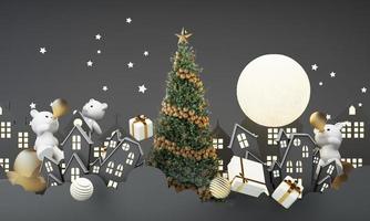 happy new year and merry Christmas winter old town street. Full moon and surrounded by clouds christmas tree and a golden gift box with polar bear. Bright Winter holiday composition. 3d rendering photo