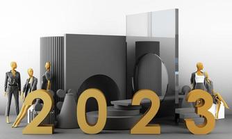 Letters gold texture of 2023 in the concept of New Year, white marble color tones, surrounded by geometric shapes for displaying the products and gift boxes with transparent balls. 3d rendering photo