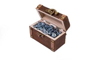 Wooden chest box for metal bolts, screws and nuts close up, metal self-tapping screws made of steel, self-tapping screw for metal, for iron, chrome-plated self-tapping screw, photo