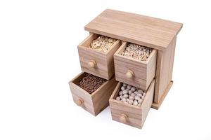 patrón de cereales crudos, frijoles y semillas, textura de vista superior, mezcla de grañones en caja cuadrada de madera. pequeña caja de madera con celdas con frijoles lentejas semillas de avena aisladas en fondo blanco, foto