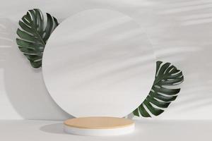 Presentation podium with Monstera Leaves and circle backdrop photo