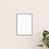 Minimal frame mockup on white wall with plant. Poster mockup. Clean, modern, minimal frame. 3d rendering. photo