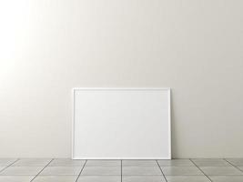 Photo frame mockup. Frame poster on marble floor with white wall. 3d rendering.
