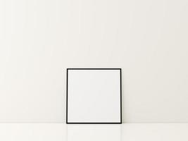 marco con maqueta de póster de pie en el suelo blanco. maqueta de marco minimalista. representación 3d foto