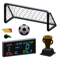 3d rendered soccer set includes soccer ball, trophy, goal, whistle, yellow red card perfect for design project png