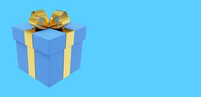 Realistic blue gift box with gold ribbon. 3D rendering. Icon on blue background, text space. photo