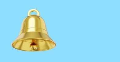 Bell metal gold, notification symbol. 3D rendering. Icon on blue background, space for text. photo