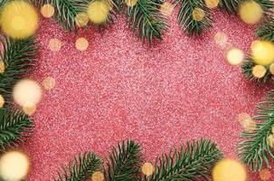 Christmas tree branches on a shiny red background. photo