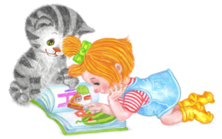 A little girl is reading a book lying on the floor. Her beloved cat is next to her. png