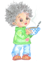 African boy with curly hair holds a cup of tea in his hands. He is wearing a green sweater and blue jeans. Illustration for postcards, book and educational materials. png