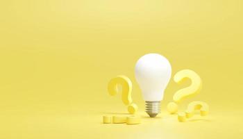 Motivational concepts, innovative problem solving processes. and creating options for new ways of thinking. White light bulb with question mark asking on yellow background. 3D render illustration photo