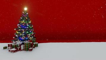 video animado de luces de colores del árbol de navidad que se encienden cuando nieva para celebrar la navidad