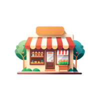Flat cartoon style shop facade front view. Modern flat storefront or supermarket design. png