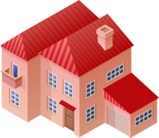 isometrische huis illustratie. 2 verdieping huis 3d weergave. herenhuis met rood dak, balkon en garage. png