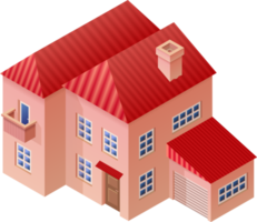 Isometric house illustration. 2 floor house 3D rendering. Mansion with red roof, balcony and garage. png