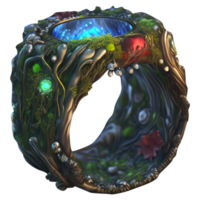 un anillo mágico creado por la naturaleza, una combinación de materiales naturales, raíces, flores y metal con piedras preciosas.