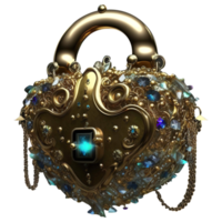 Gold vintage heart shaped lock with chains and precious stones. 3d illustration on a transparent background png