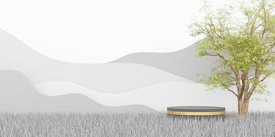 Product display podium meadows trees and mountains natural landscape 3D illustration photo