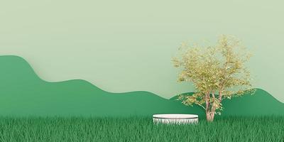 Product display podium meadows trees and mountains natural landscape 3D illustration photo