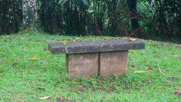 stone seats set in green grass and trees in the background photo