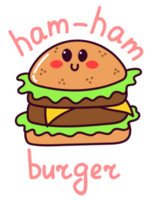 joli autocollant de hamburger. restauration rapide kawaii. griffonnage avec texte. autocollant avec contour blanc pour planner, scrapbooking. illustration colorée dessinée à la main isolée sur fond transparent. png