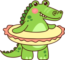 Cute green crocodile with rubber ring. Kawaii character in cartoon style. Design illustration isolated on transparent background PNG. png