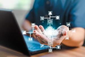 Businessman working at cloud data icon, cloud computing diagram show on hand. Cloud technology. Data storage. Networking and internet service concept. photo