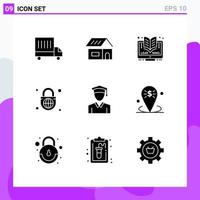 Set of 9 Vector Solid Glyphs on Grid for graduation cap elearning globe with lock globe Editable Vector Design Elements