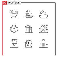 Universal Icon Symbols Group of 9 Modern Outlines of present gift beach dinner clock Editable Vector Design Elements