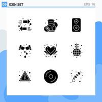 9 Thematic Vector Solid Glyphs and Editable Symbols of love heart woofer love angel plumber Editable Vector Design Elements