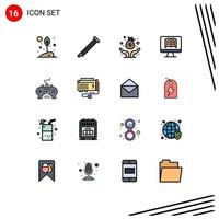Group of 16 Modern Flat Color Filled Lines Set for game book music computer investor Editable Creative Vector Design Elements