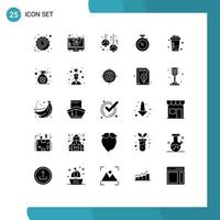 Pack of 25 Modern Solid Glyphs Signs and Symbols for Web Print Media such as basketball watch bulb stopwatch lights Editable Vector Design Elements