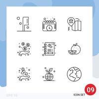 Group of 9 Modern Outlines Set for shop coffee location business money Editable Vector Design Elements