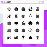 Group of 25 Solid Glyphs Signs and Symbols for time moon play line worldwide Editable Vector Design Elements