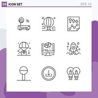 Mobile Interface Outline Set of 9 Pictograms of parachute delivery sky balloon paper Editable Vector Design Elements