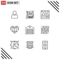 Set of 9 Vector Outlines on Grid for order delivery garage globe like Editable Vector Design Elements