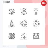 Universal Icon Symbols Group of 9 Modern Outlines of cloud rocket badge bussiness stripes Editable Vector Design Elements