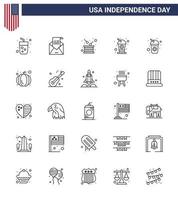 USA Independence Day Line Set of 25 USA Pictograms of soda cola mail bottle independence Editable USA Day Vector Design Elements