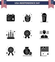 Pack of 9 USA Independence Day Celebration Solid Glyphs Signs and 4th July Symbols such as independence day holiday america light candle Editable USA Day Vector Design Elements