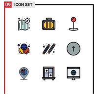 Modern Set of 9 Filledline Flat Colors Pictograph of arrow restaurant pin party candy Editable Vector Design Elements
