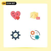 Set of 4 Vector Flat Icons on Grid for heart gear gift media tick Editable Vector Design Elements