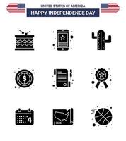 Happy Independence Day USA Pack of 9 Creative Solid Glyphs of sign money mobile usa plent Editable USA Day Vector Design Elements