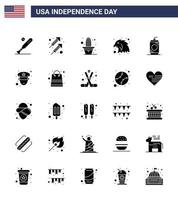 Pack of 25 creative USA Independence Day related Solid Glyph of cola eagle shoot bird pot Editable USA Day Vector Design Elements