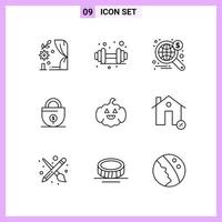9 Icons in Line Style. Outline Symbols on White Background. Creative Vector Signs for Web mobile and Print.