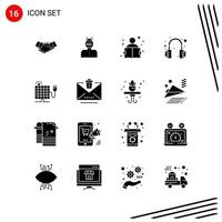 Collection of 16 Vector Icons in solid style. Pixle Perfect Glyph Symbols for Web and Mobile. Solid Icon Signs on White Background. 16 Icons.