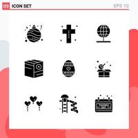 Pack of 9 Modern Solid Glyphs Signs and Symbols for Web Print Media such as easter egg e globe commerce add Editable Vector Design Elements