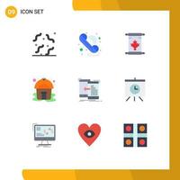 paquete de 9 signos y símbolos de colores planos modernos para medios de impresión web como notas de datos móviles yurt hut elementos de diseño de vectores editables