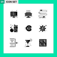 Editable Vector Line Pack of 9 Simple Solid Glyphs of e coin juice audio fruit wire Editable Vector Design Elements