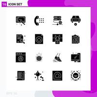 Modern Set of 16 Solid Glyphs and symbols such as magnifier vehicles network plus car Editable Vector Design Elements